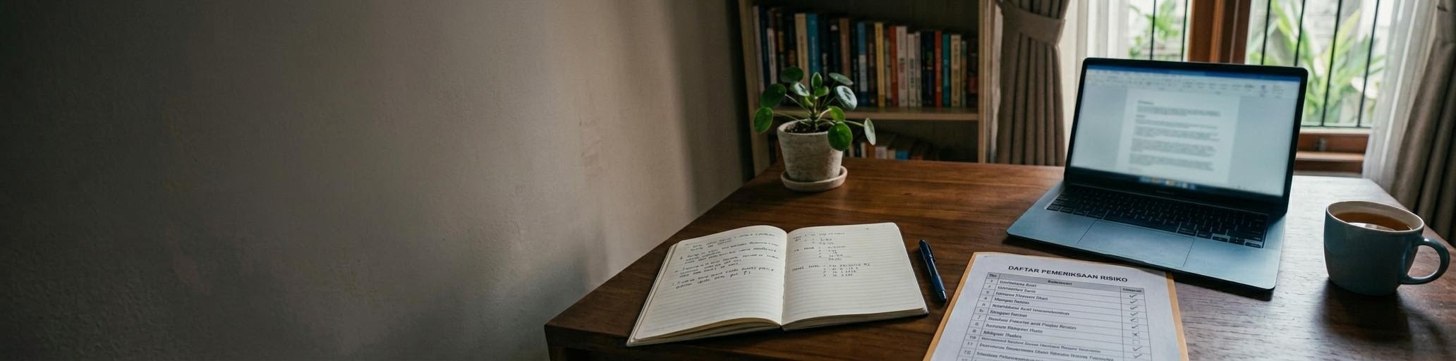 Meja belajar tenang dengan buku catatan dan daftar pemeriksaan risiko di layar, bernuansa biru baja dan amber