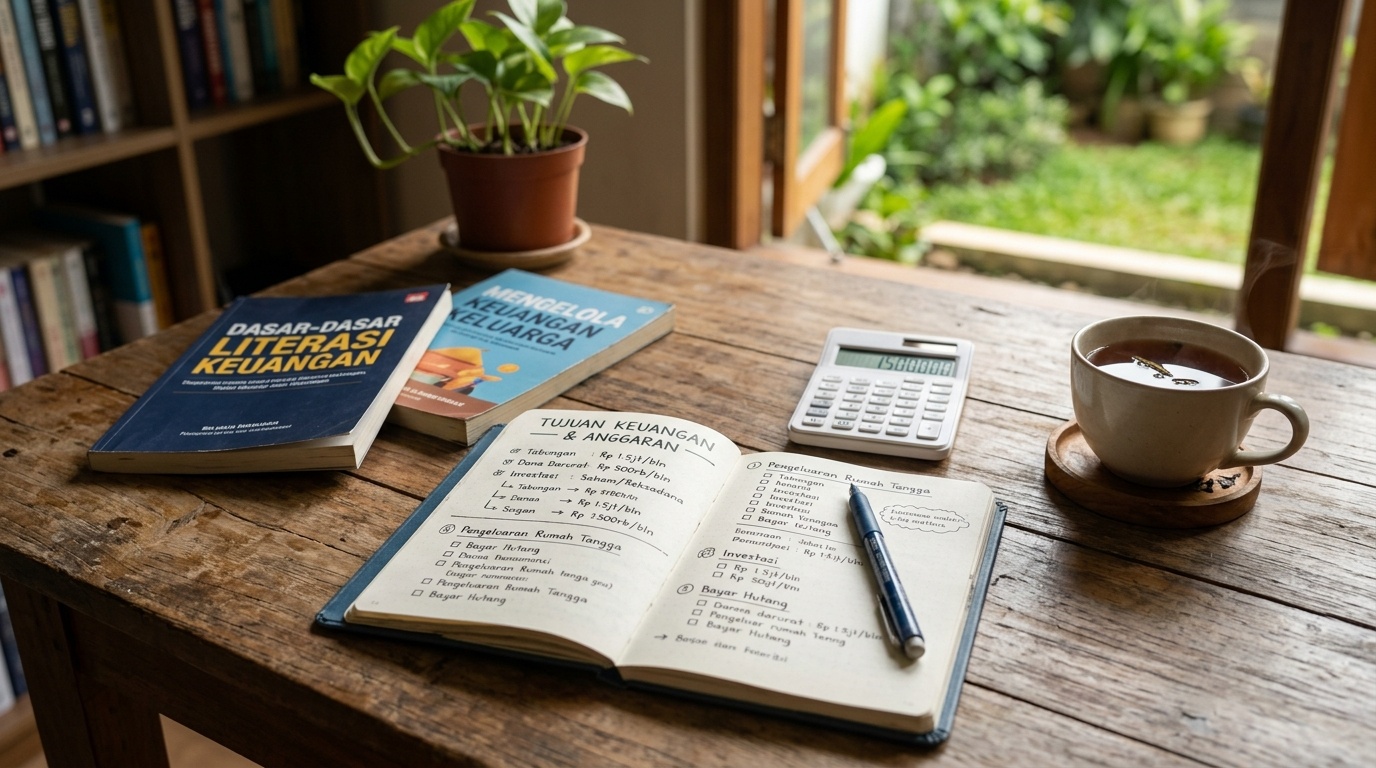 Buku dan catatan tentang literasi keuangan di atas meja